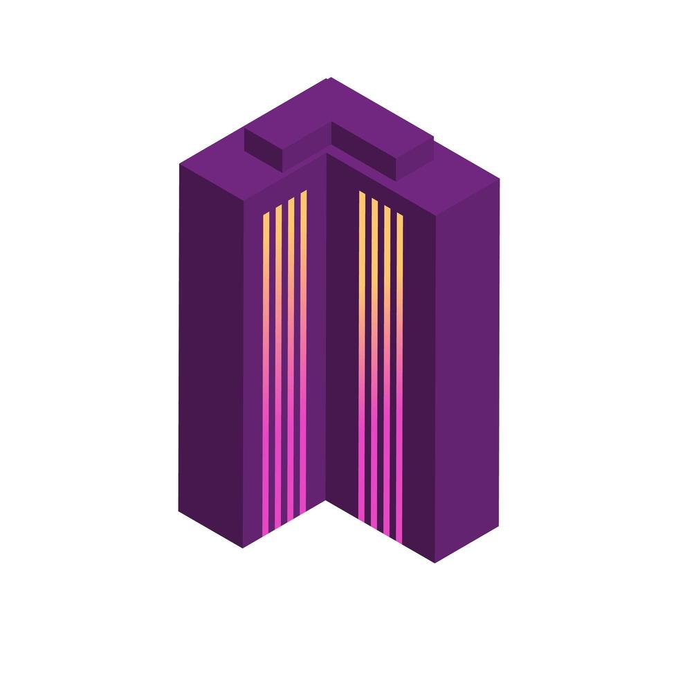 Isometric icon with modern neon skyscraper building on white. vector