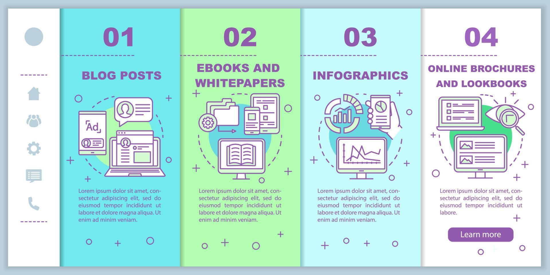 Content marketing channels onboarding mobile web pages vector template. Responsive smartphone website interface idea with linear illustrations. Webpage walkthrough step screens. Color concept