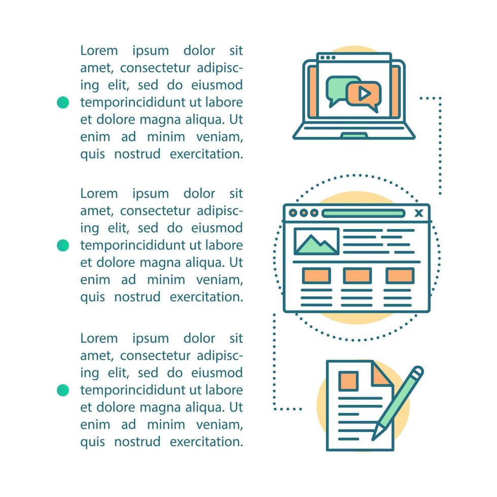 Content creation article page vector template. Video, post, blog. Brochure, magazine, booklet design element with linear icons and text boxes. Print design. Concept illustrations with text space