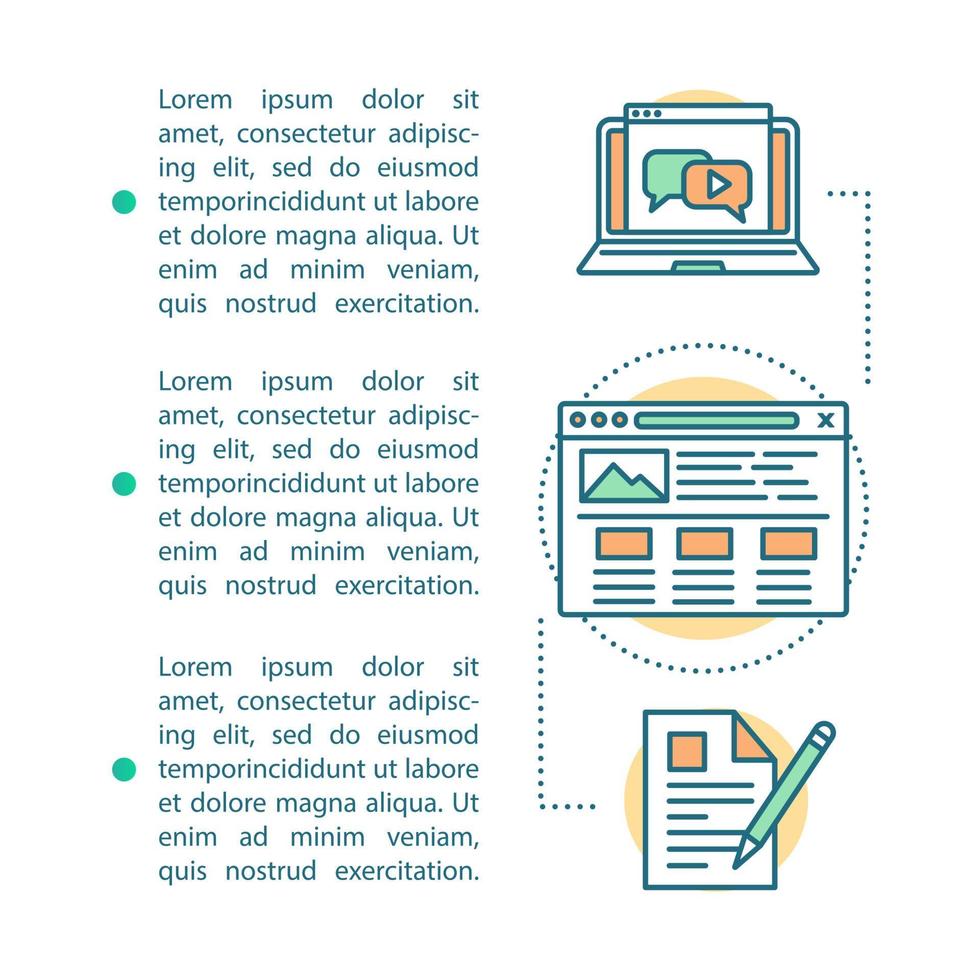 plantilla de vector de página de artículo de creación de contenido. vídeo, publicación, blog. folleto, revista, elemento de diseño de folleto con iconos lineales y cuadros de texto. diseño de impresión. ilustraciones conceptuales con espacio de texto