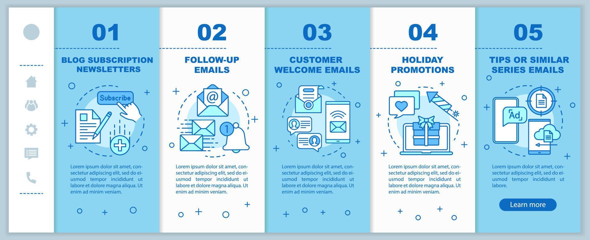 Email marketing onboarding mobile web pages vector template. Newsletters, email. Responsive smartphone website interface idea with linear illustrations. Webpage walkthrough step screens. Color concept