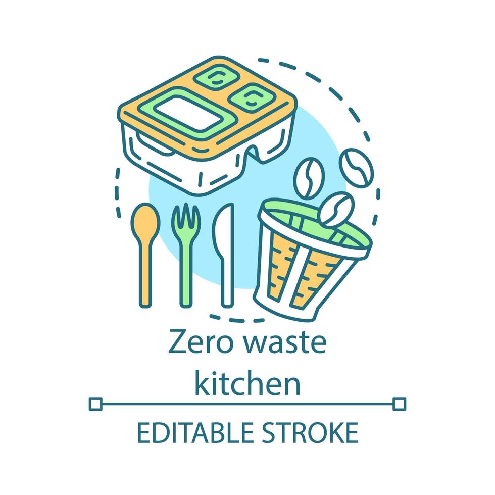 Zero waste kitchen and eco, friendly lifestyle, waste management concept icon. Reusable coffee filter, cutlery, container idea thin line illustration. Vector isolated outline drawing. Editable stroke