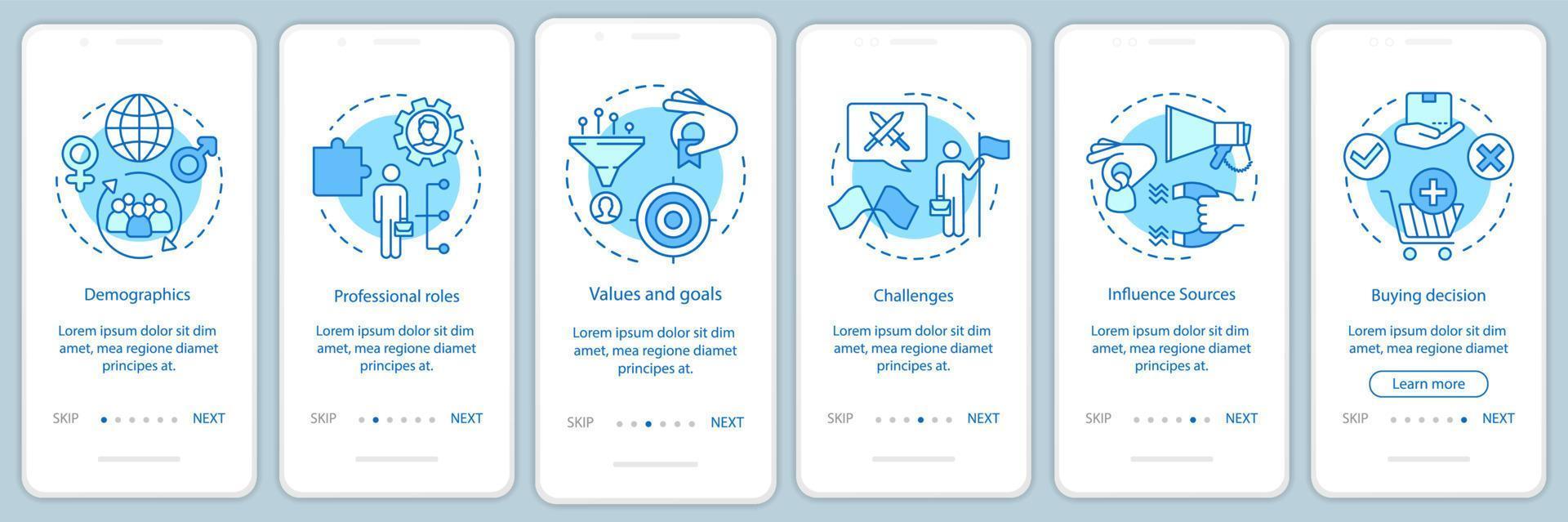 Plantilla de vector de pantalla de página de aplicación móvil de incorporación de persona de comprador azul. Pasos del sitio web del recorrido de la actividad humana con ilustraciones lineales. ux, ui, concepto de interfaz de teléfono inteligente gui