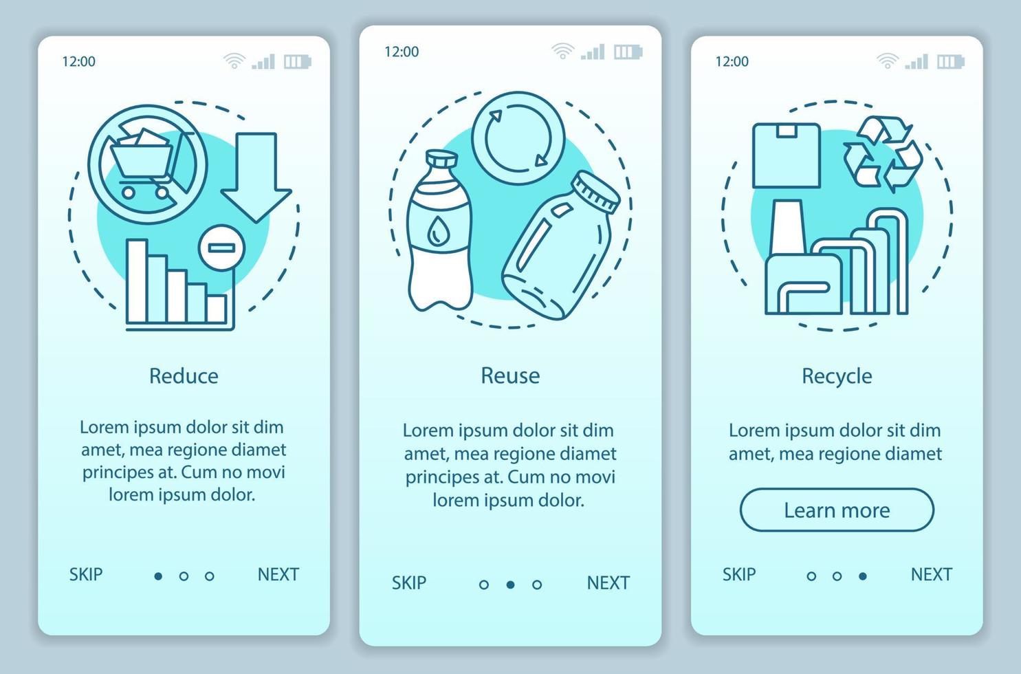 Waste management onboarding mobile app page screen vector template. Zero waste, reduce, reuse, recycle walkthrough website steps with linear illustrations. UX, UI, GUI smartphone interface concept