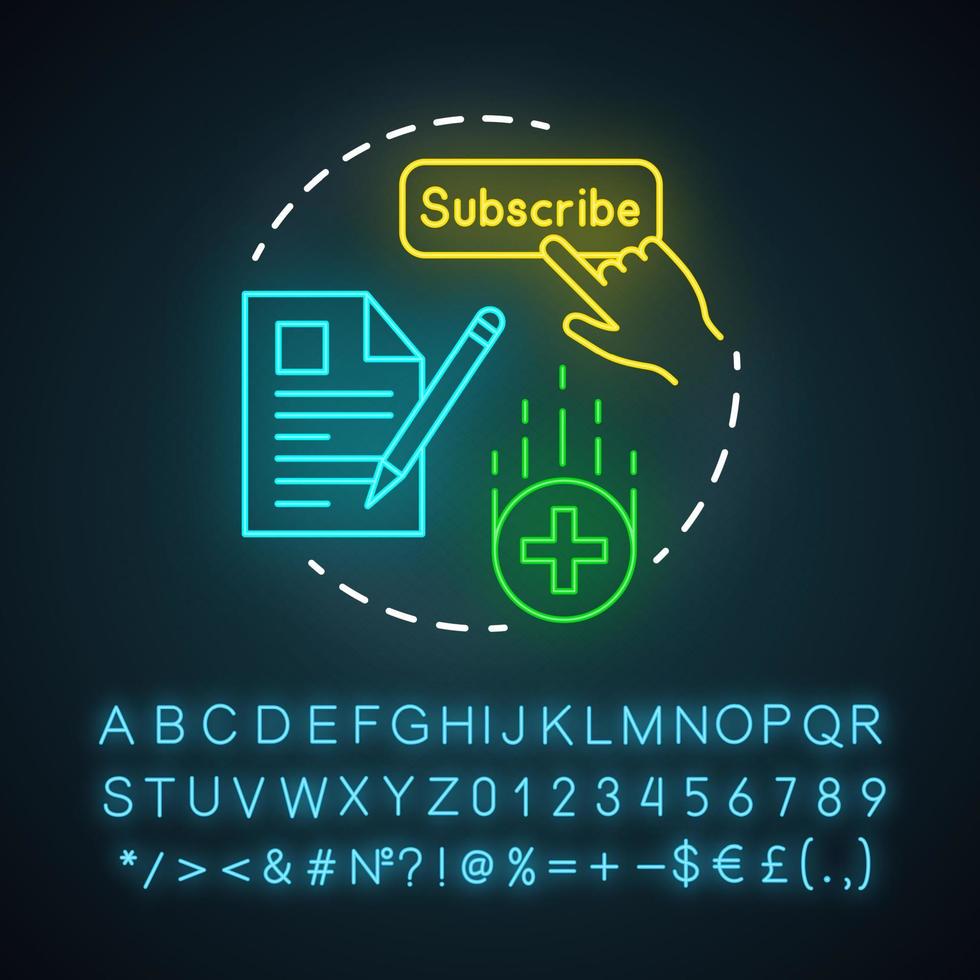 Blog subscription newsletters neon light icon. Email marketing. Brand promotion. Subscribe page. Advertising campaign. Glowing sign with alphabet, numbers and symbols. Vector isolated illustration