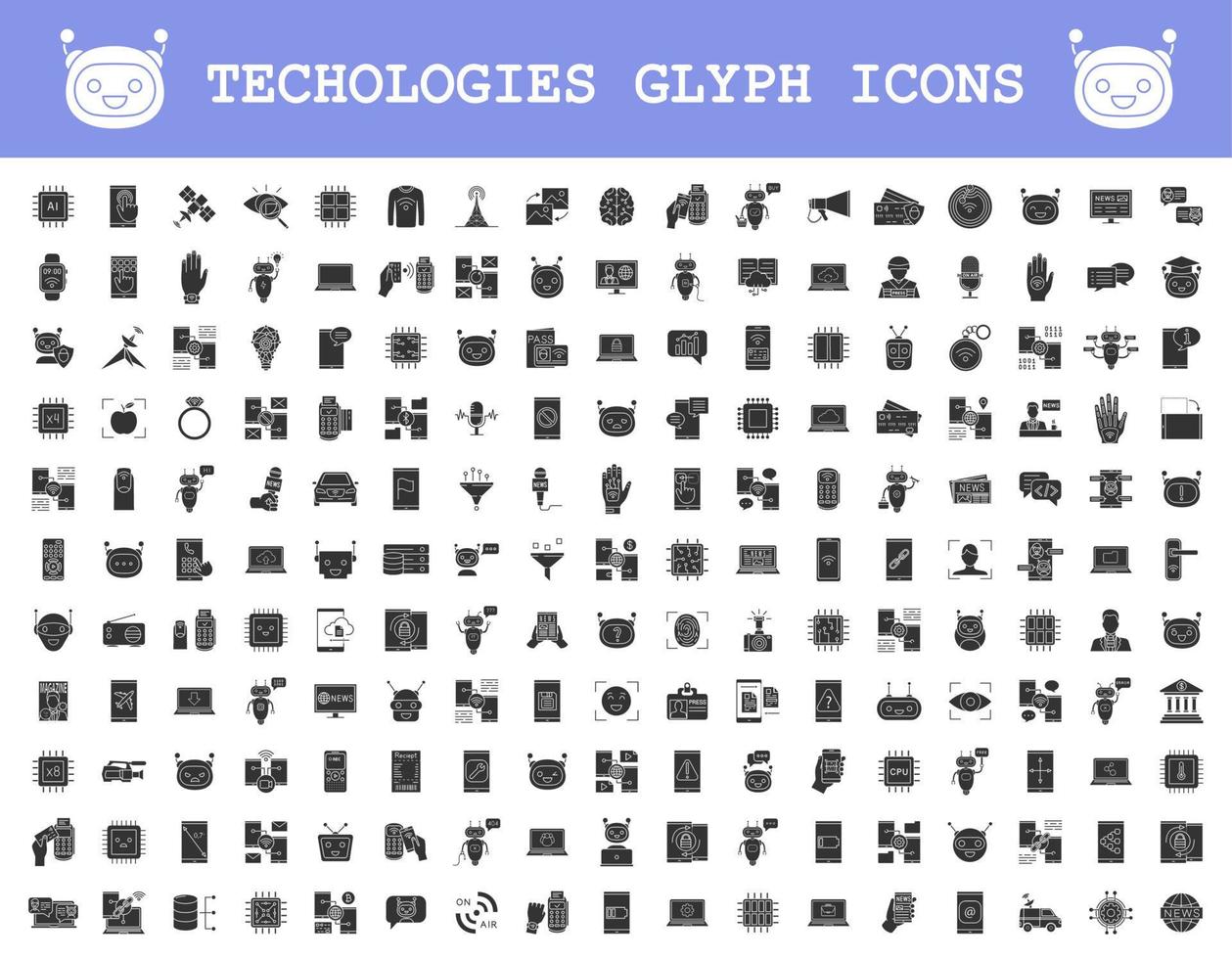 Technologies glyph icons big set. Artificial intelligence, robots and chatbots. NFC, internet banking, online payments services. Mobile technologies. Silhouette symbols. Vector isolated illustration