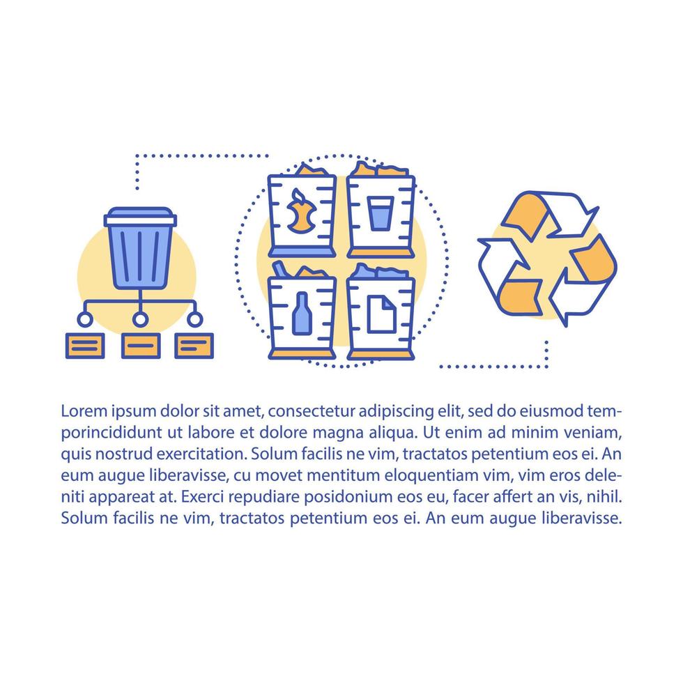 Zero waste lifestyle article page vector template. Brochure, magazine, booklet design element with linear icons and text boxes. Waste management. Print design. Concept illustrations with text space