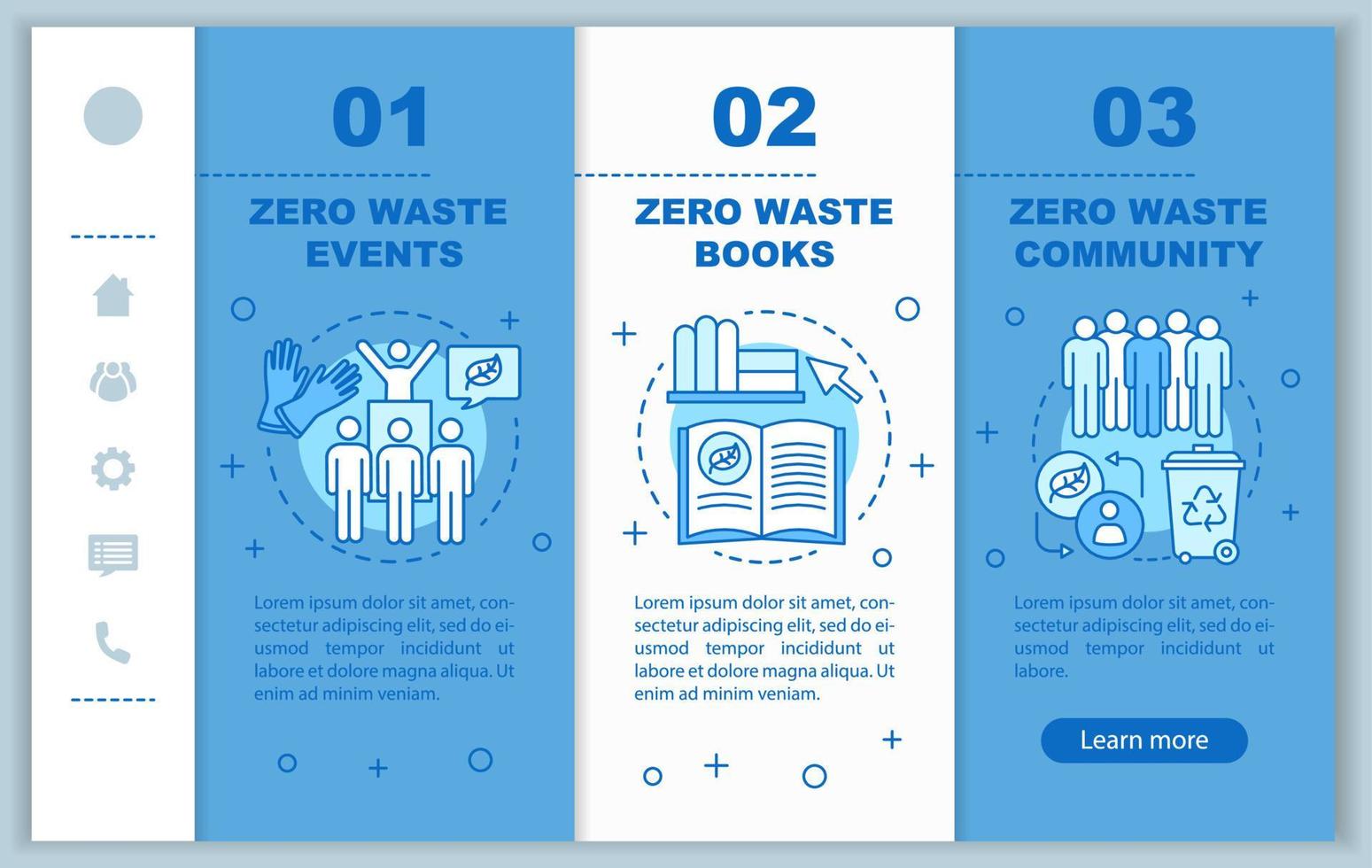 Zero waste education onboarding mobile web pages vector template. Responsive smartphone website interface idea with linear illustrations. Webpage walkthrough step screens. Color concept