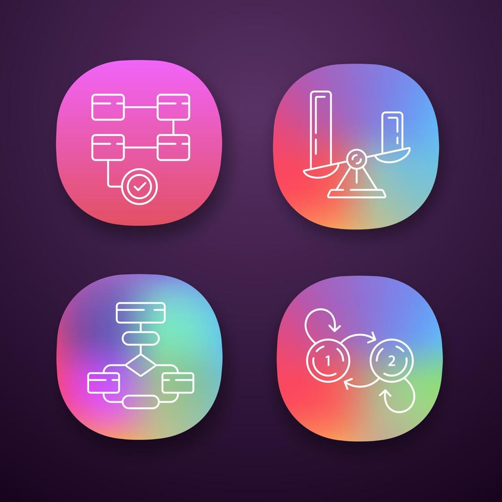 Diagram concepts app icons set. Activity, comparison, flow, state charts. Statistics data and process visualization. UI UX user interface. Web or mobile applications. Vector isolated illustrations