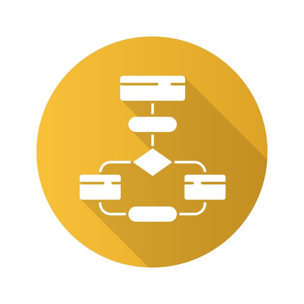 icono de glifo de sombra larga de diseño plano de diagrama de flujo. diagrama de flujo estructura e interacción de los elementos. visualización de procesos. etapas de resolución de problemas. algoritmo de computadora ilustración de silueta vectorial vector