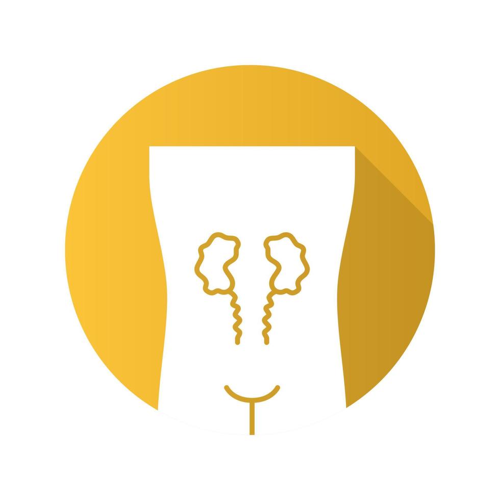 Ill kidneys flat design long shadow glyph icon. Sore human organ. Unhealthy urinary system. Nephropathy. Sick internal body part. Kidney failure. Vector silhouette illustration