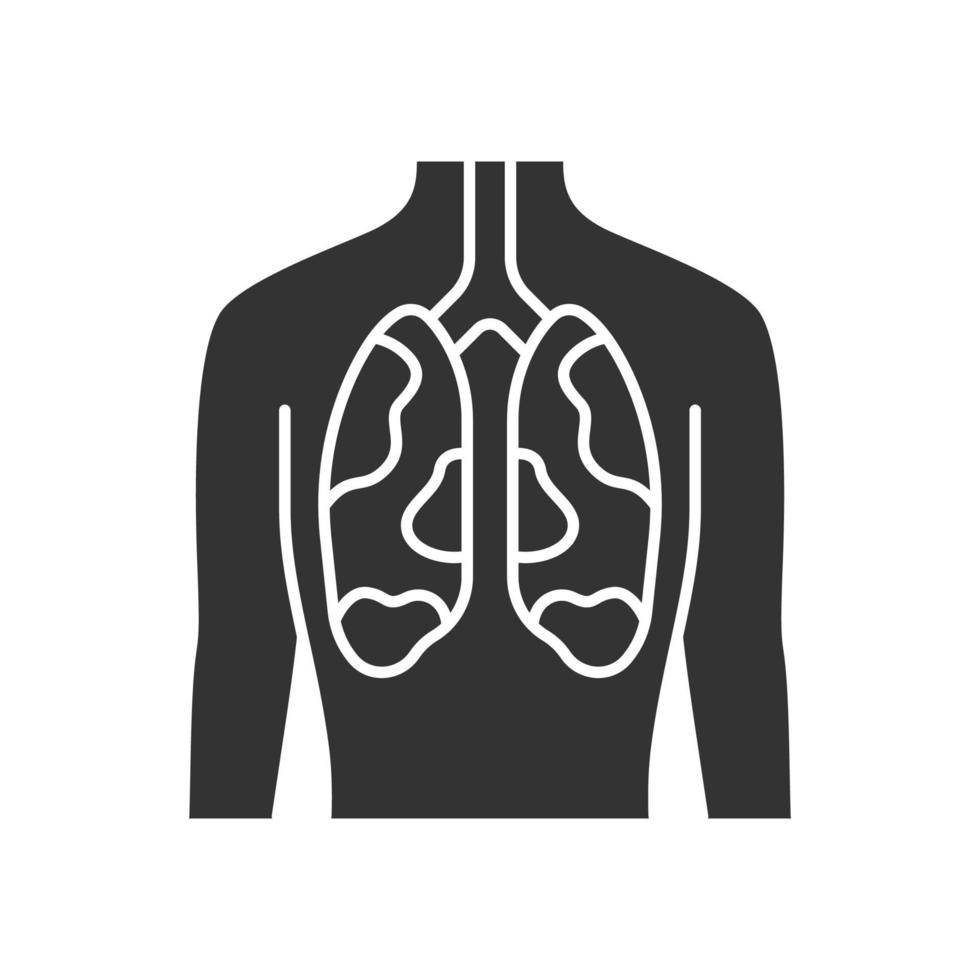 Ill lungs glyph icon. Sore human organ. Tuberculosis, cancer. Unhealthy pulmonary system. Sick internal body part. Respiratory health. Silhouette symbol. Negative space. Vector isolated illustration