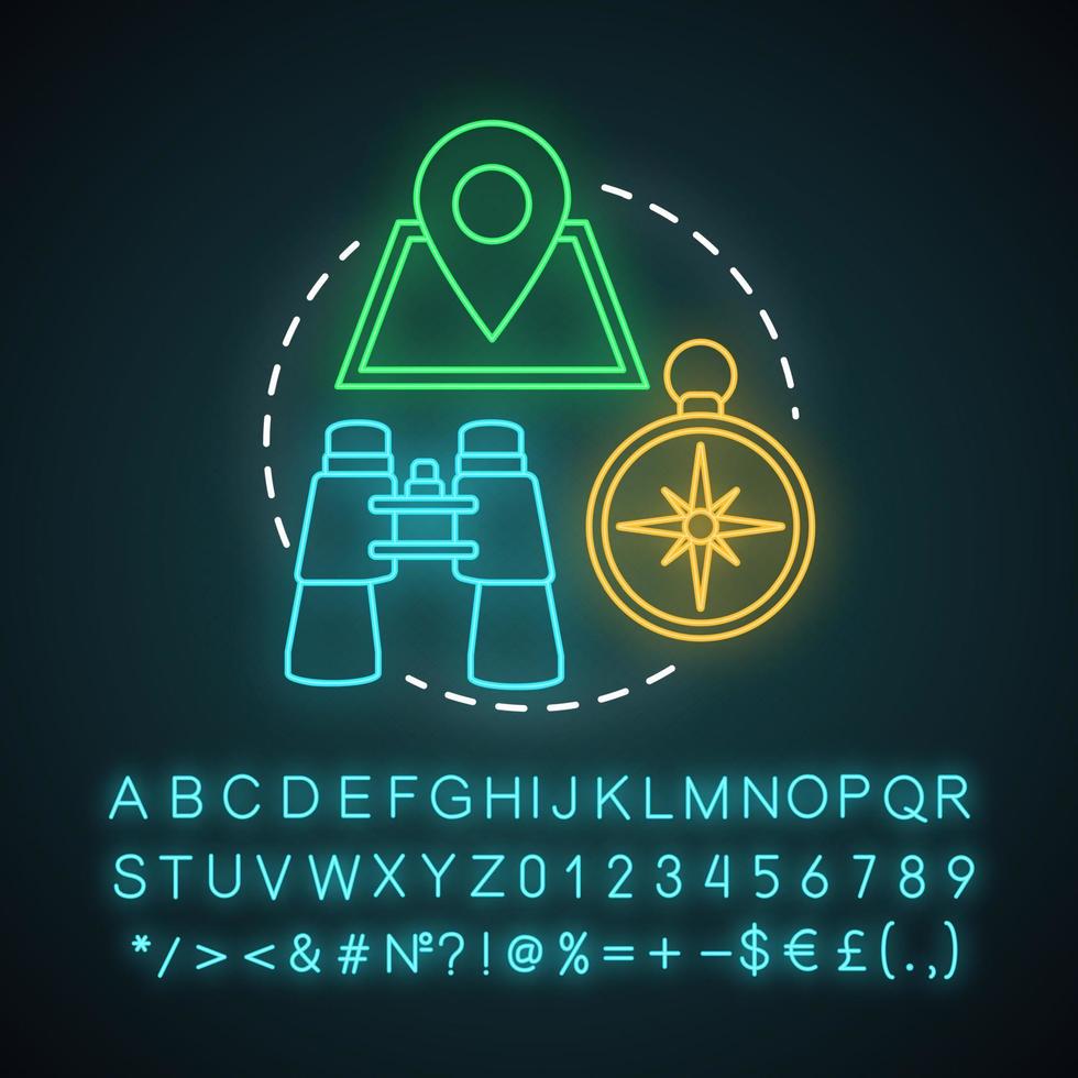 Treasure hunting neon light concept icon. Family time together idea. Geocaching. Searching for retrieve artifacts. Glowing sign with alphabet, numbers and symbols. Vector isolated illustration