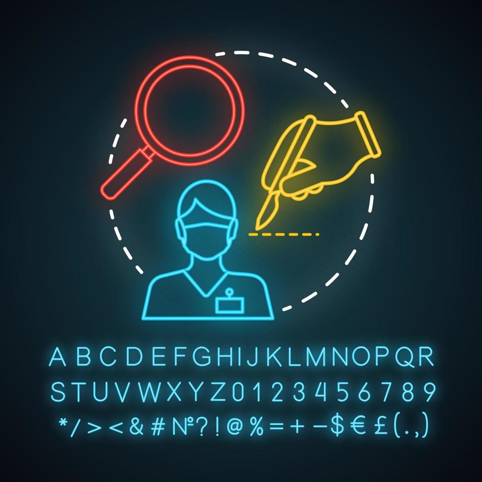 Microsurgery neon light icon. Operating microscope. Loupe magnification. Microvascular surgery. Precision instrumentation. Glowing sign with alphabet, numbers and symbols. Vector isolated illustration