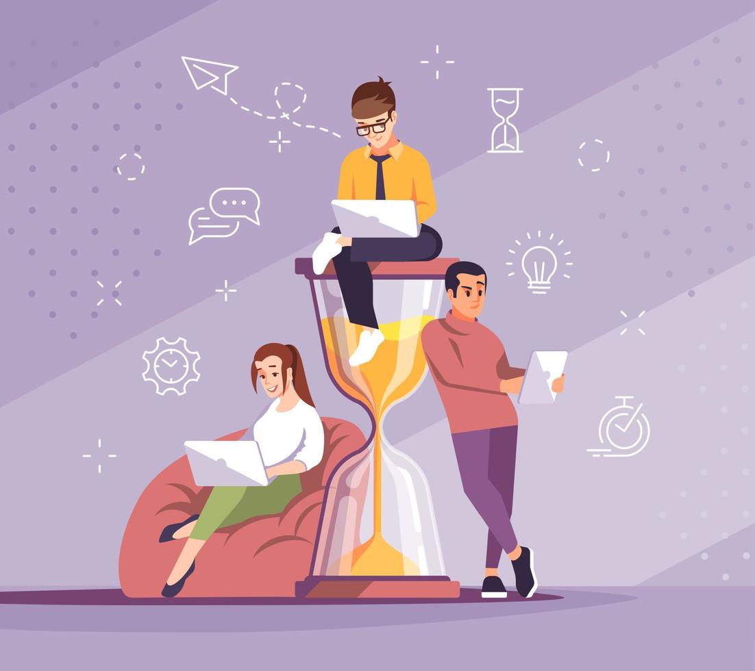 Time management flat vector illustration. Freelancers working with laptops characters. Students studying together. Programmers, designers. Deadlines, timeliness. Young people with hourglass concept