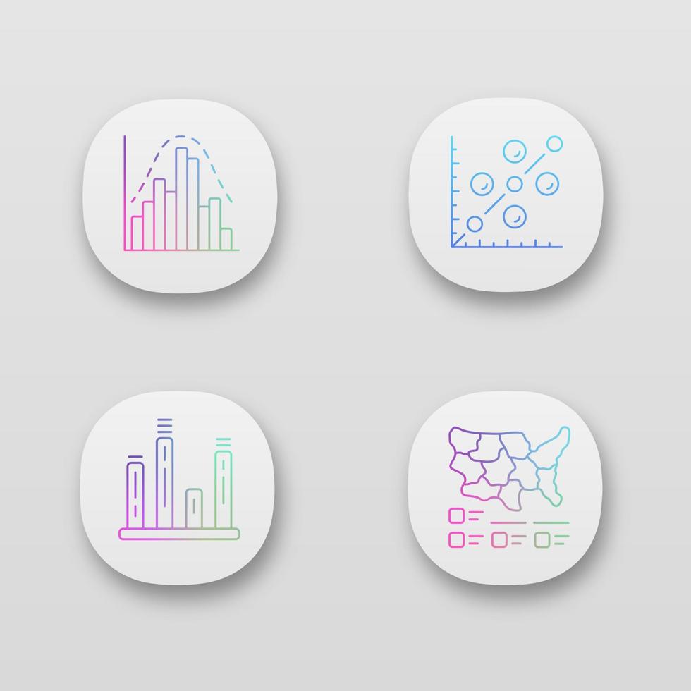 Diagrams app icons set. Histogram, bar graph, scatter plot, cartogram. Statistics data. Analytical information. UI UX user interface. Web or mobile applications. Vector isolated illustrations