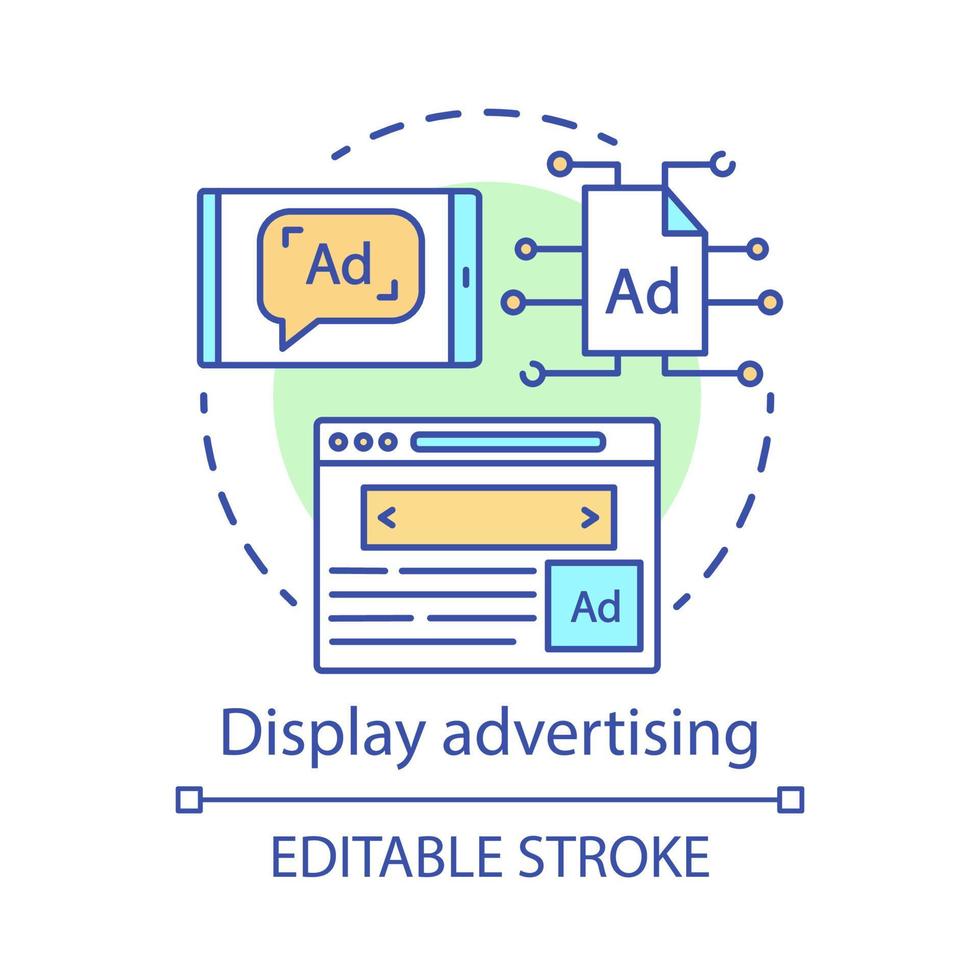 mostrar el icono del concepto de publicidad. idea de publicidad en línea ilustración de línea delgada. anuncios de redes sociales. comercialización de medios digitales. visualización de contenido en línea. dibujo de contorno aislado vectorial. trazo editable vector