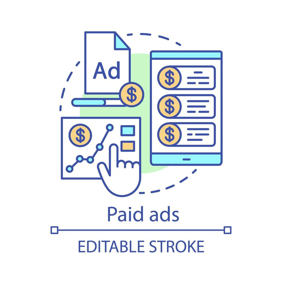 Paid ads concept icon. Online marketing analytics idea thin line illustration. PPC channel. Pay per click advertising campaign. Ad networks. Vector isolated outline drawing. Editable stroke
