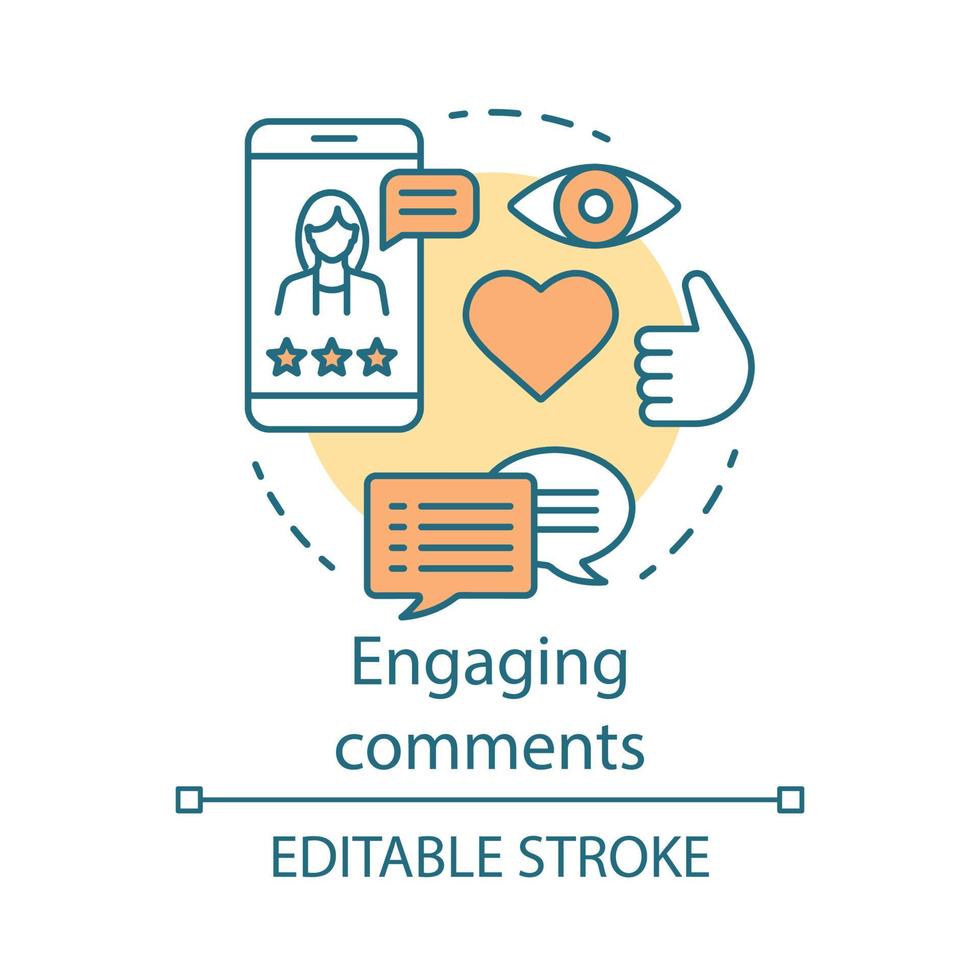 Engaging comments concept icon. Online PR idea thin line illustration. Content marketing. Subscribers review. Blog commenting, clients feedback. Vector isolated outline drawing. Editable stroke