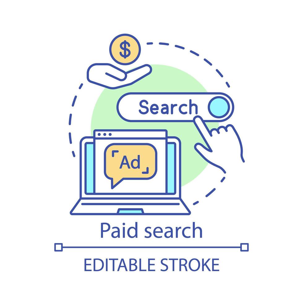 Paid search concept icon. PPC channel idea thin line illustration. Marketing strategy. Pay per click model. Search engine results. SEM advertising. Vector isolated outline drawing. Editable stroke