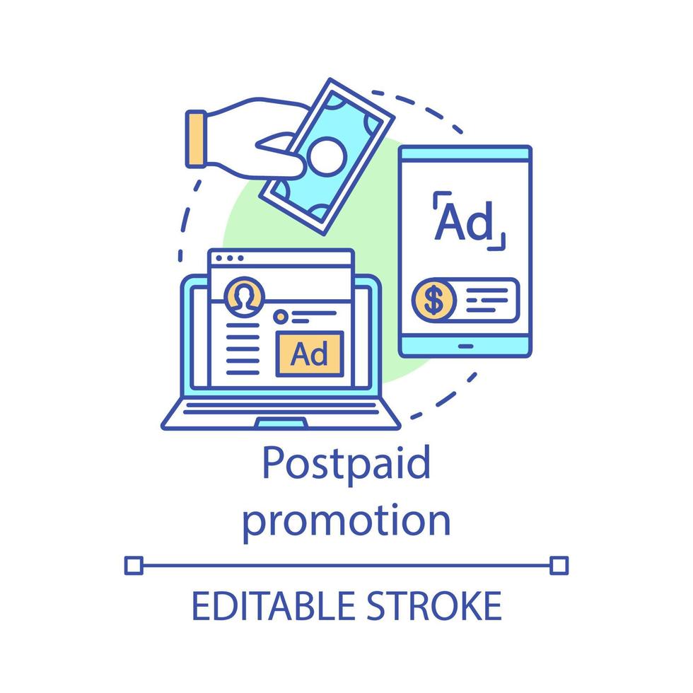 Postpaid promotion concept icon. PPC channel idea thin line illustration. Digital marketing strategy. Product sales. Target audience advertising. Vector isolated outline drawing. Editable stroke