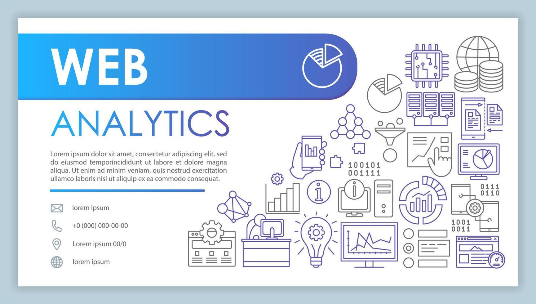 Web analytics banner, business card template. Internet marketing metrics. Company contact with phone, email line icons. Conversions, traffic statistics. Presentation, web page. Corporate print layout vector