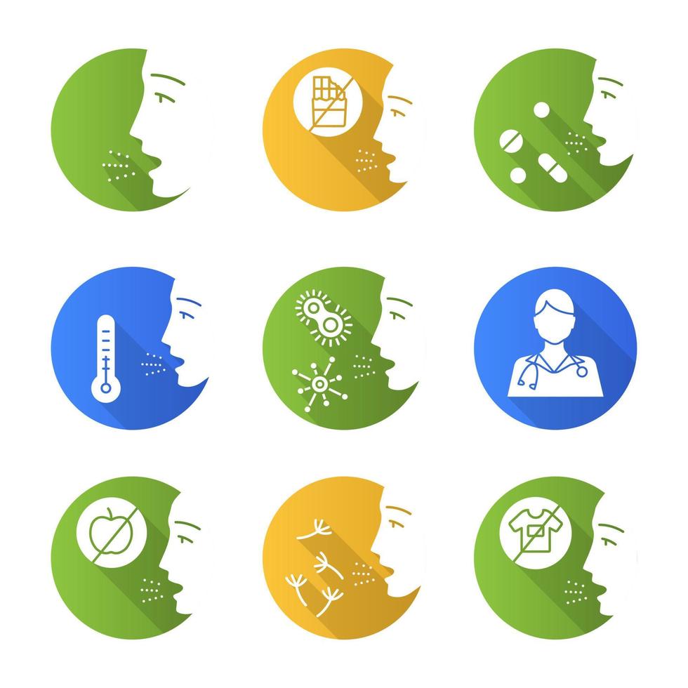 Allergies flat design long shadow glyph icons set. Contact, food, respiratory diseases, medication. Allergen sources. Hypersensitivity of immune system. Medical problem. Vector silhouette illustration