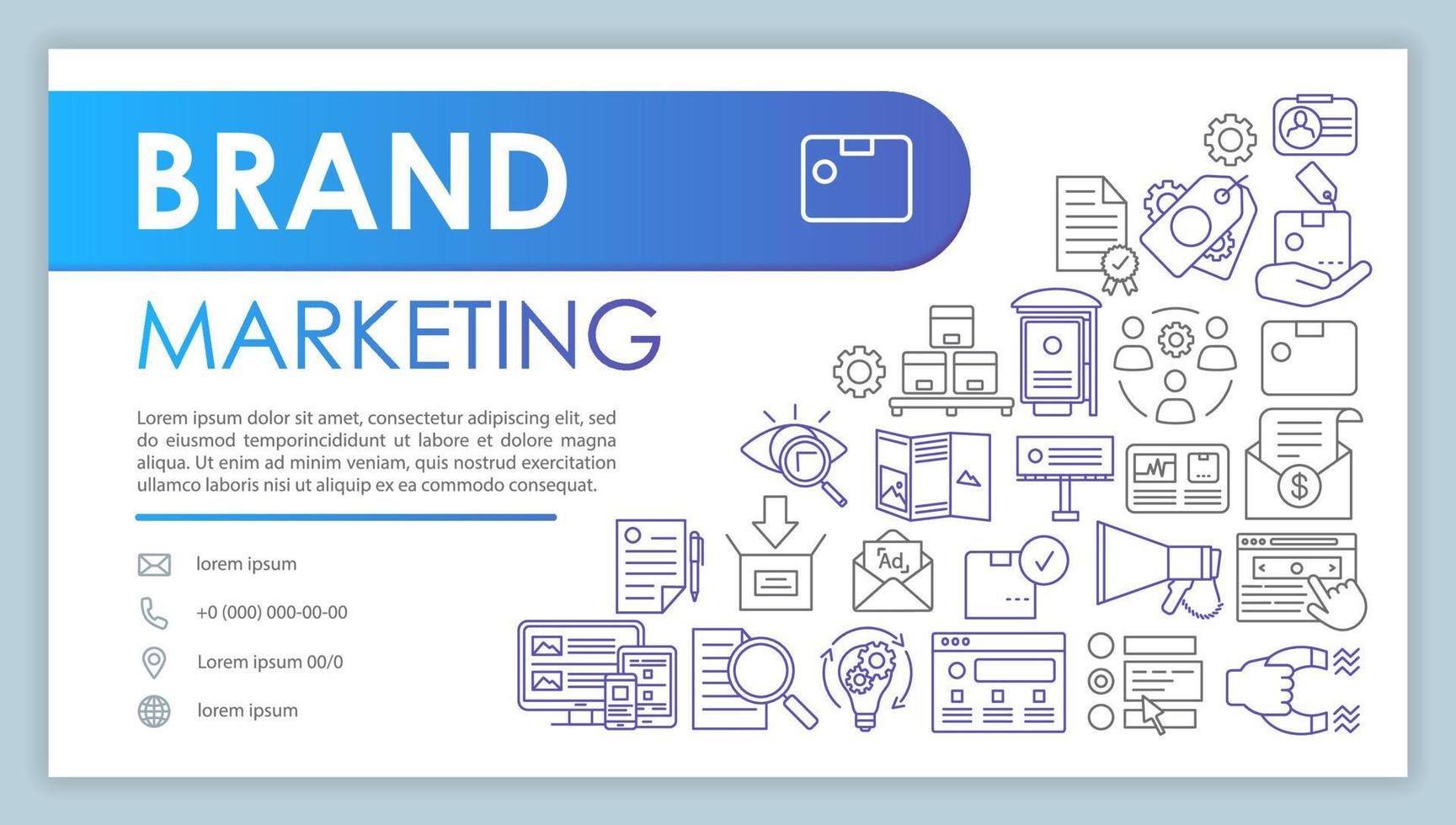 Brand marketing banner, business card vector template. Product promotion service. Company contact with phone, email line icons. Brand awareness. Presentation, web page idea. Corporate print layout