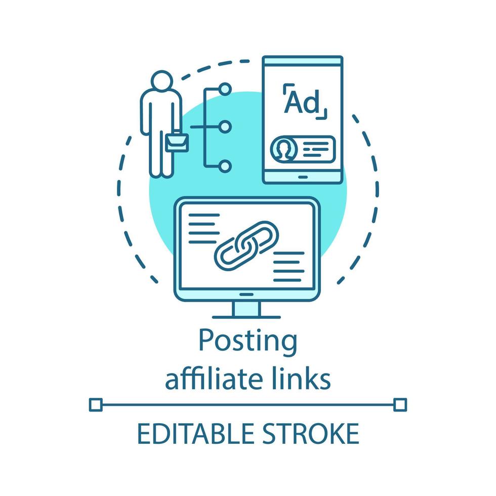 Posting affiliate links blue concept icon. Affiliate marketing idea thin line illustration. Product promotion and recommendation. Content sharing. Vector isolated outline drawing. Editable stroke