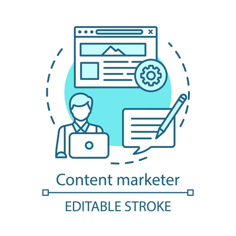Content marketer blue concept icon. Creating, publishing, distributing content idea thin line illustration. Leads generation. Copywriting specialty. Vector isolated outline drawing. Editable stroke