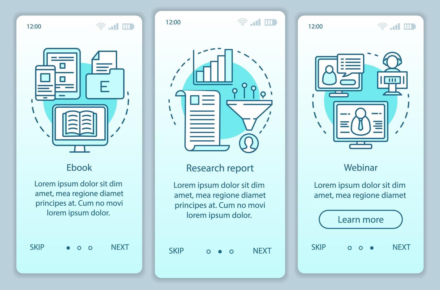 Consideration content turquoise onboarding mobile app page screen vector template. Research report walkthrough website steps with linear illustrations. UX, UI, GUI smartphone interface concept