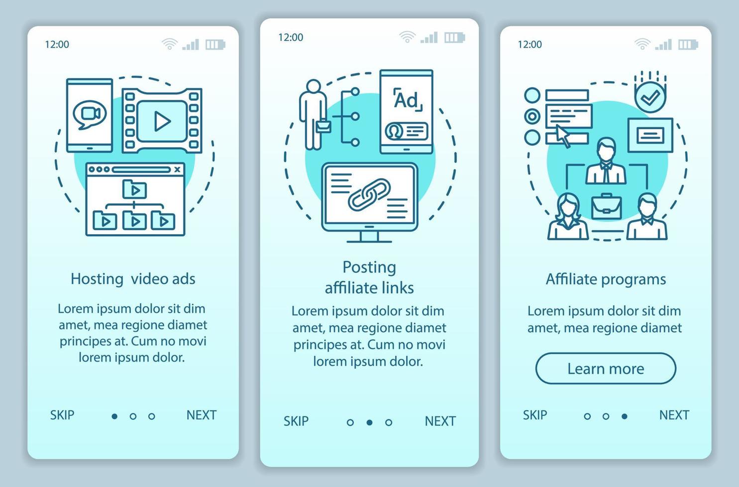 Affiliate marketing turquoise onboarding mobile app page screen vector template. Affiliate advertising walkthrough website steps with linear illustrations. UX, UI, GUI smartphone interface concept