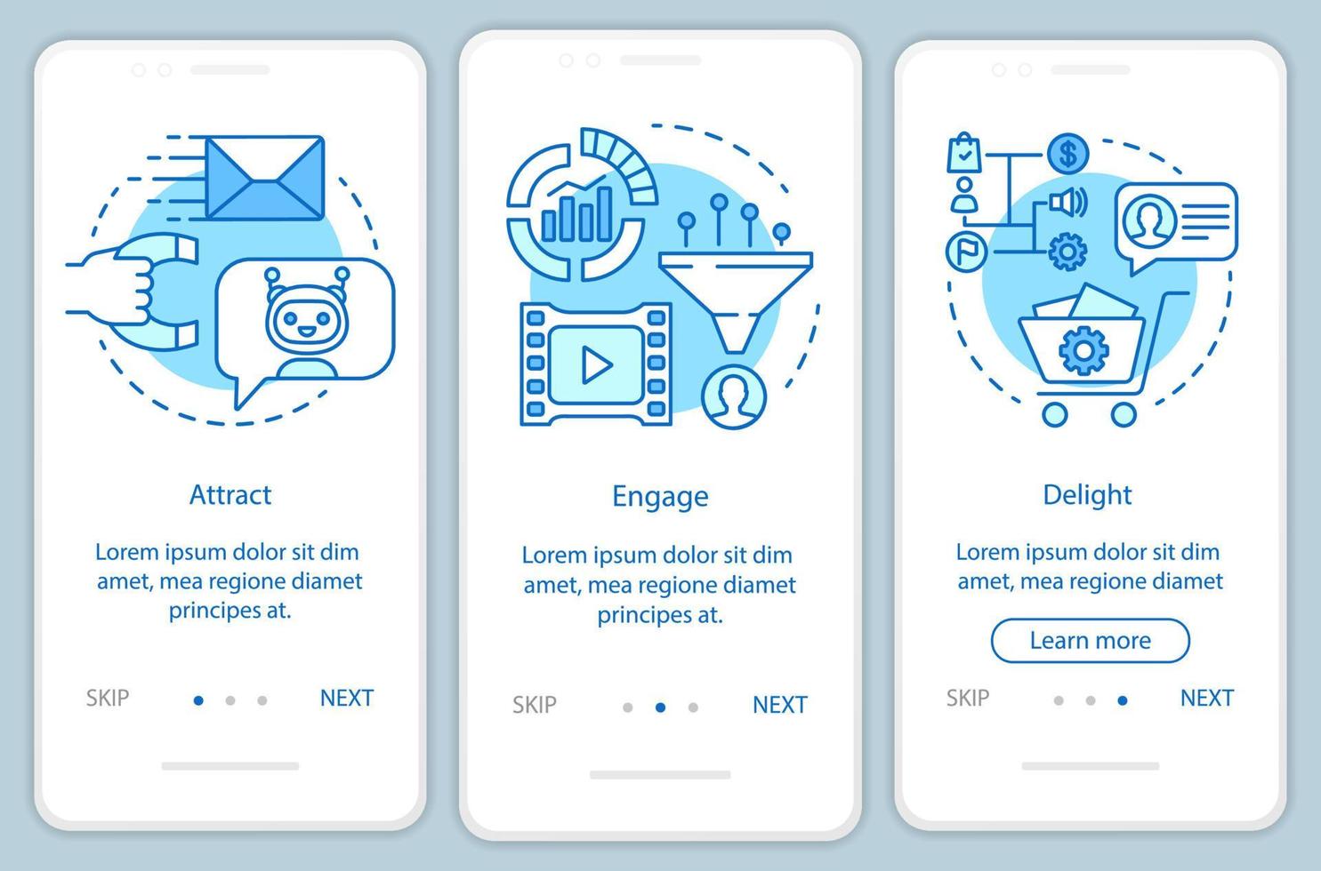 Inbound marketing method for customers blue onboarding mobile app page screen vector template. Attraction. Walkthrough website steps with linear illustrations. UX, UI, GUI smartphone interface concept