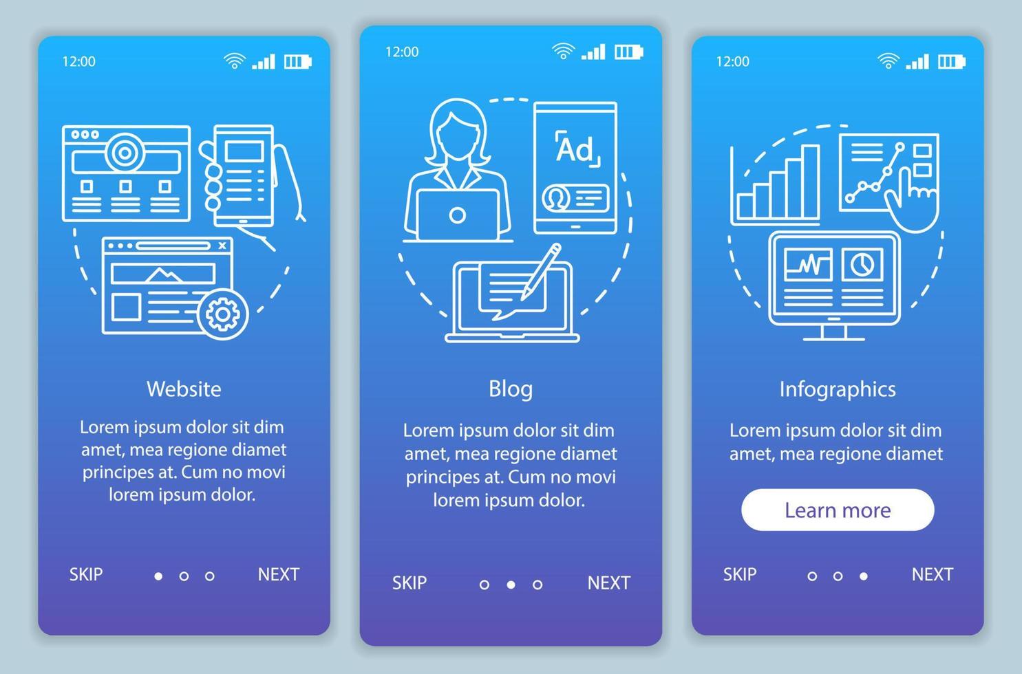 canales para la plantilla de vector de pantalla de página de aplicación móvil de incorporación azul seo. márketing. infografías, pasos del sitio web del recorrido del sitio web con ilustraciones lineales. ux, ui, concepto de interfaz de teléfono inteligente gui