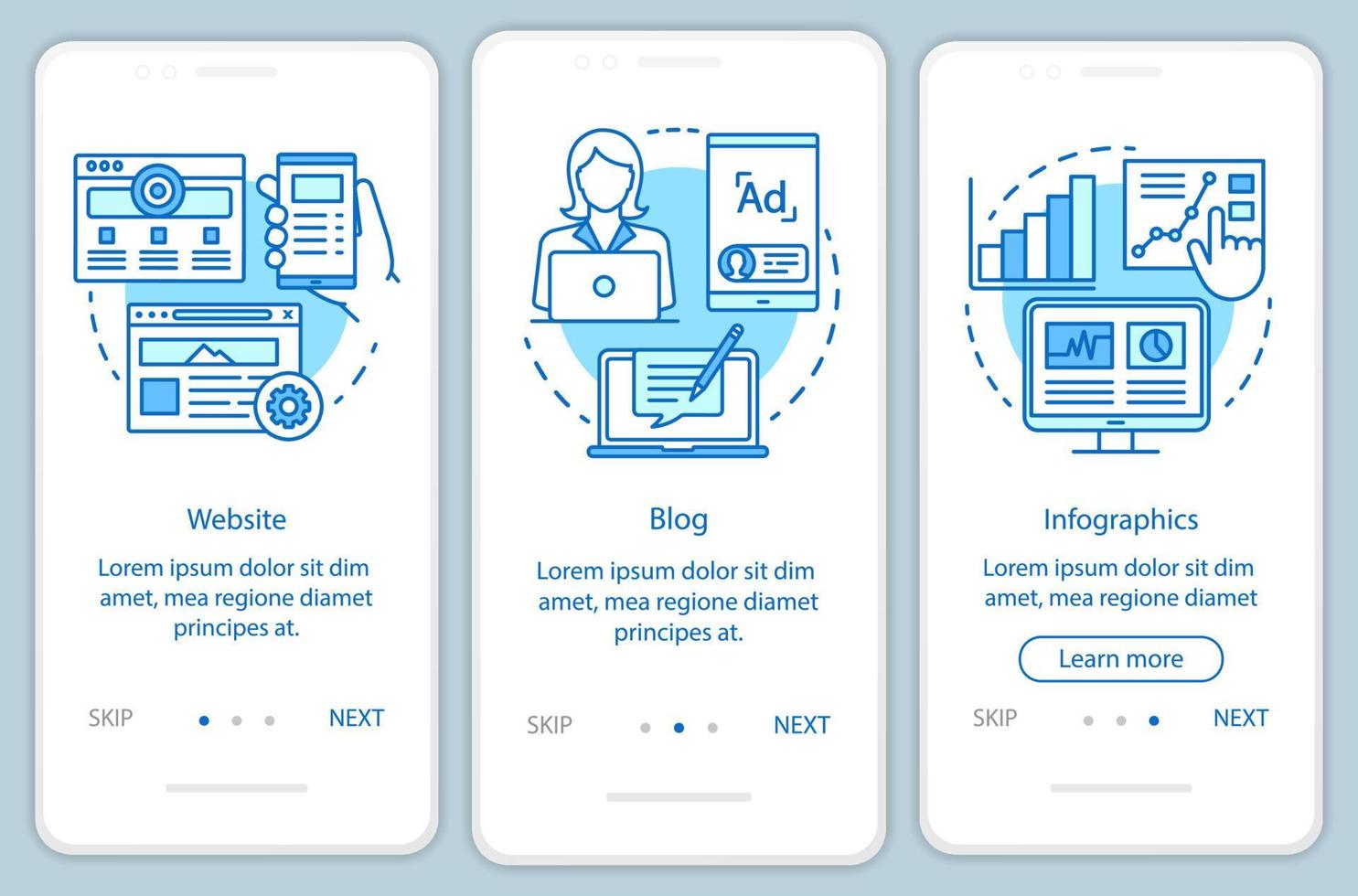 Channels for SEO blue onboarding mobile app page screen vector template. Marketing, strategy, blog walkthrough website steps with linear illustrations. UX, UI, GUI smartphone interface concept