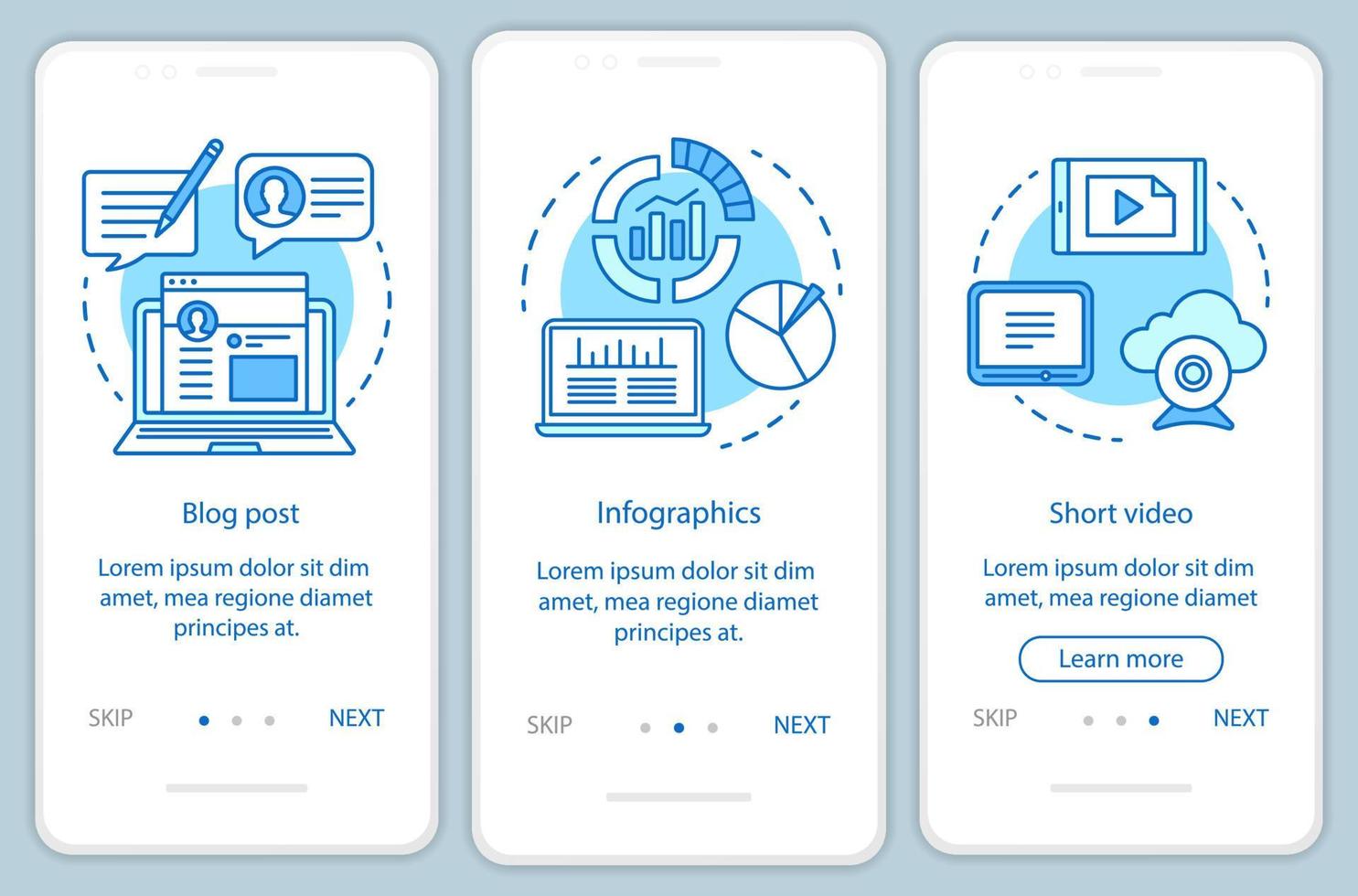 Awareness content blue onboarding mobile app page screen vector template. Blog post, video, infographics walkthrough website steps with linear illustrations. UX, UI, GUI smartphone interface concept