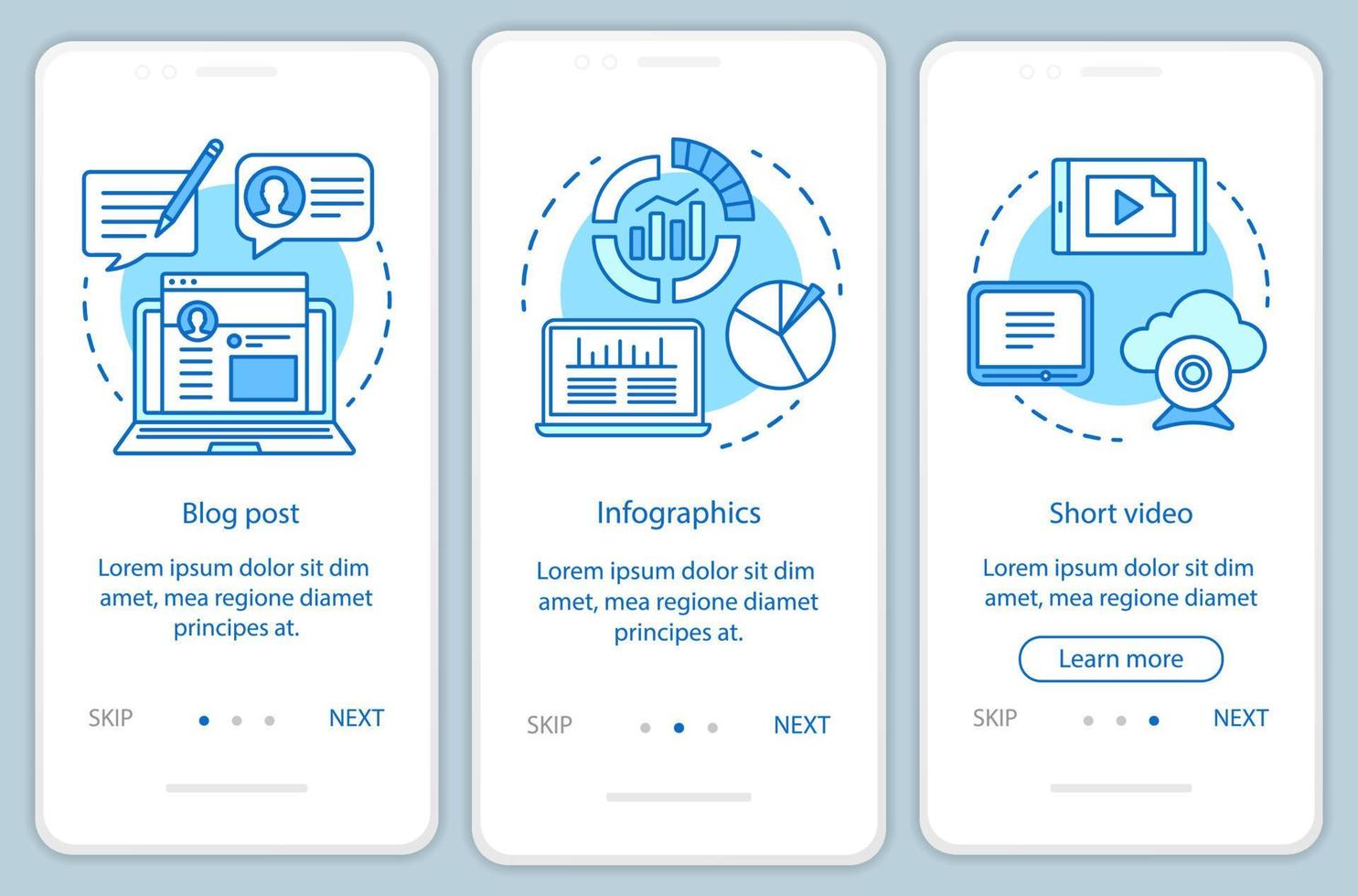 plantilla de vector de pantalla de página de aplicación móvil de incorporación de contenido azul de conciencia. publicación de blog, video, infografía paso a paso del sitio web con ilustraciones lineales. ux, ui, concepto de interfaz de teléfono inteligente gui