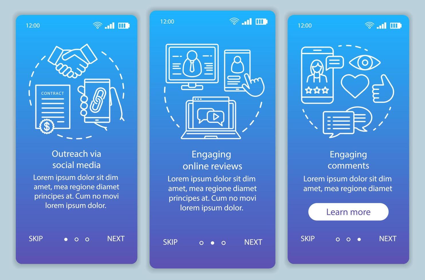 plantilla de vector de pantalla de página de aplicación móvil de incorporación azul de pr en línea. Revisiones en línea y comentarios paso a paso del sitio web con ilustraciones lineales. ux, ui, concepto de interfaz de teléfono inteligente gui