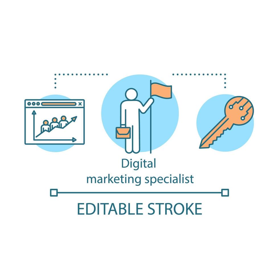 Digital marketing specialist concept icon. Internet profession idea thin line illustration. Conversions increasing service. Company brand, promotion. Vector isolated outline drawing. Editable stroke