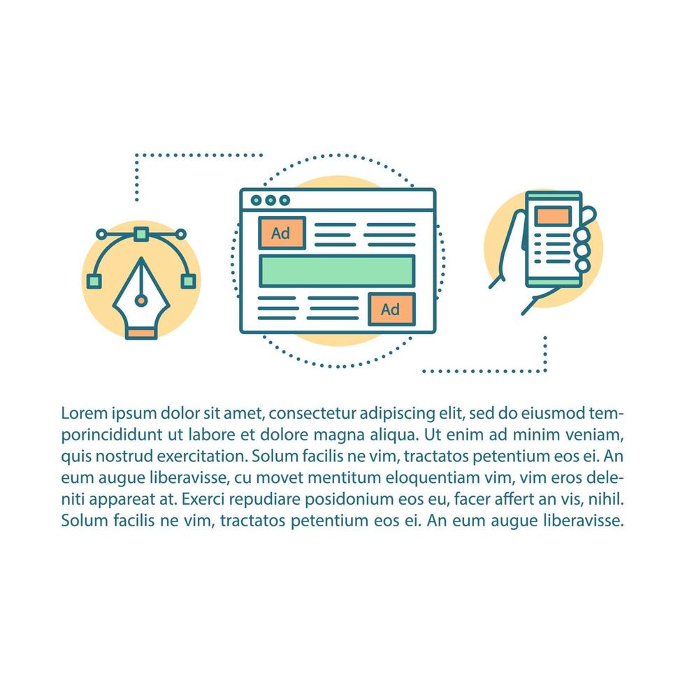 Advertising and website design article page vector template. Brochure, magazine, booklet design element with linear icons and text boxes. Print design. Concept illustrations with text space