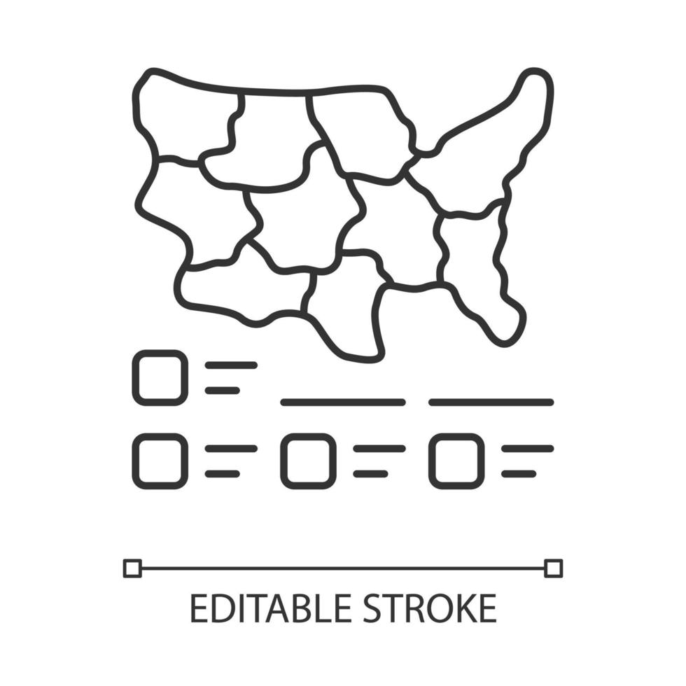 Cartogram linear icon. Diagram. USA map with statistics. Geographical differences graphic report. Thin line illustration. Contour symbol. Vector isolated outline drawing. Editable stroke