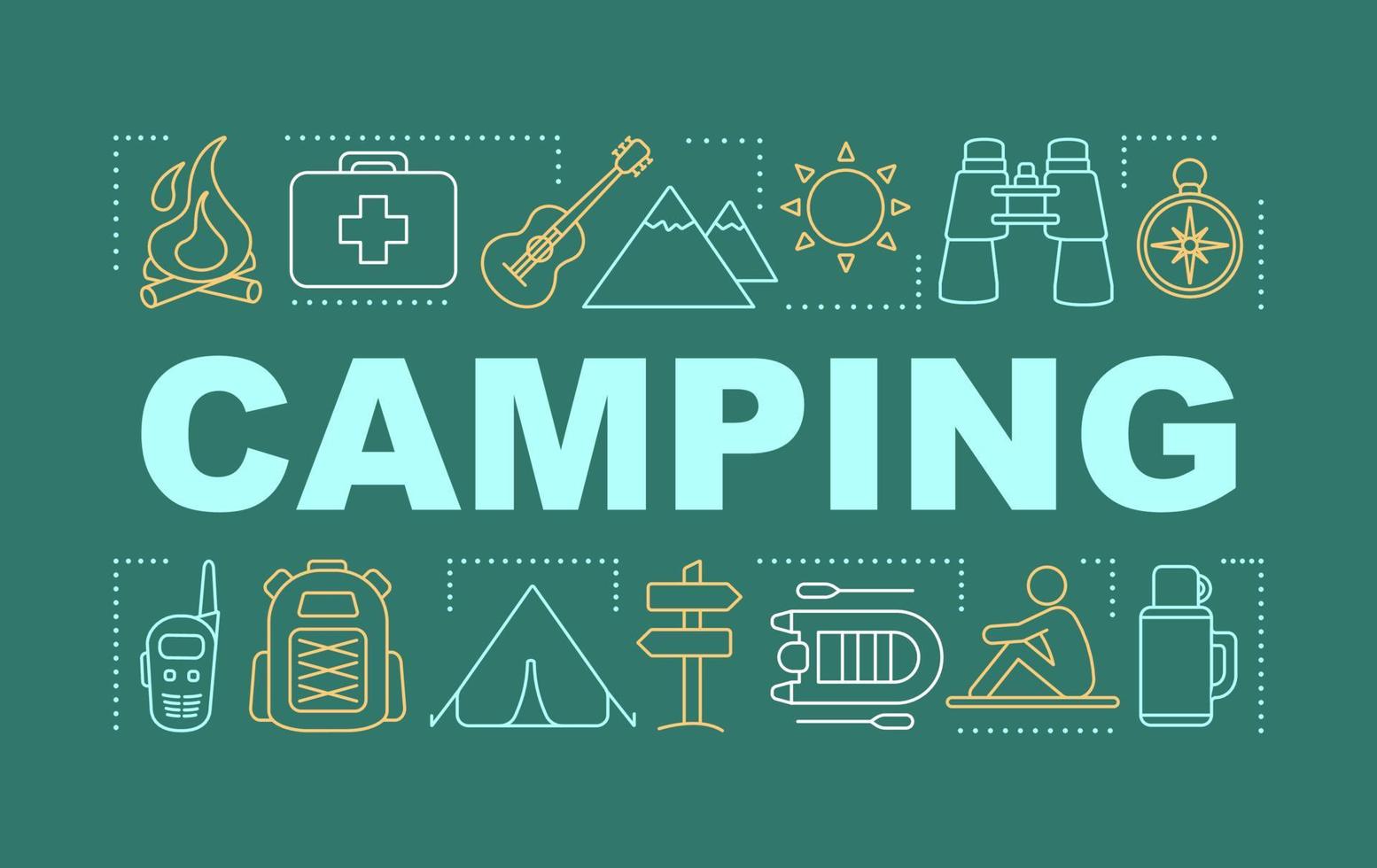 Camping word concepts banner. Family time together. Hiking. Overnight staying in tent. Presentation, website. Isolated lettering typography idea, linear icons. Vector outline illustration