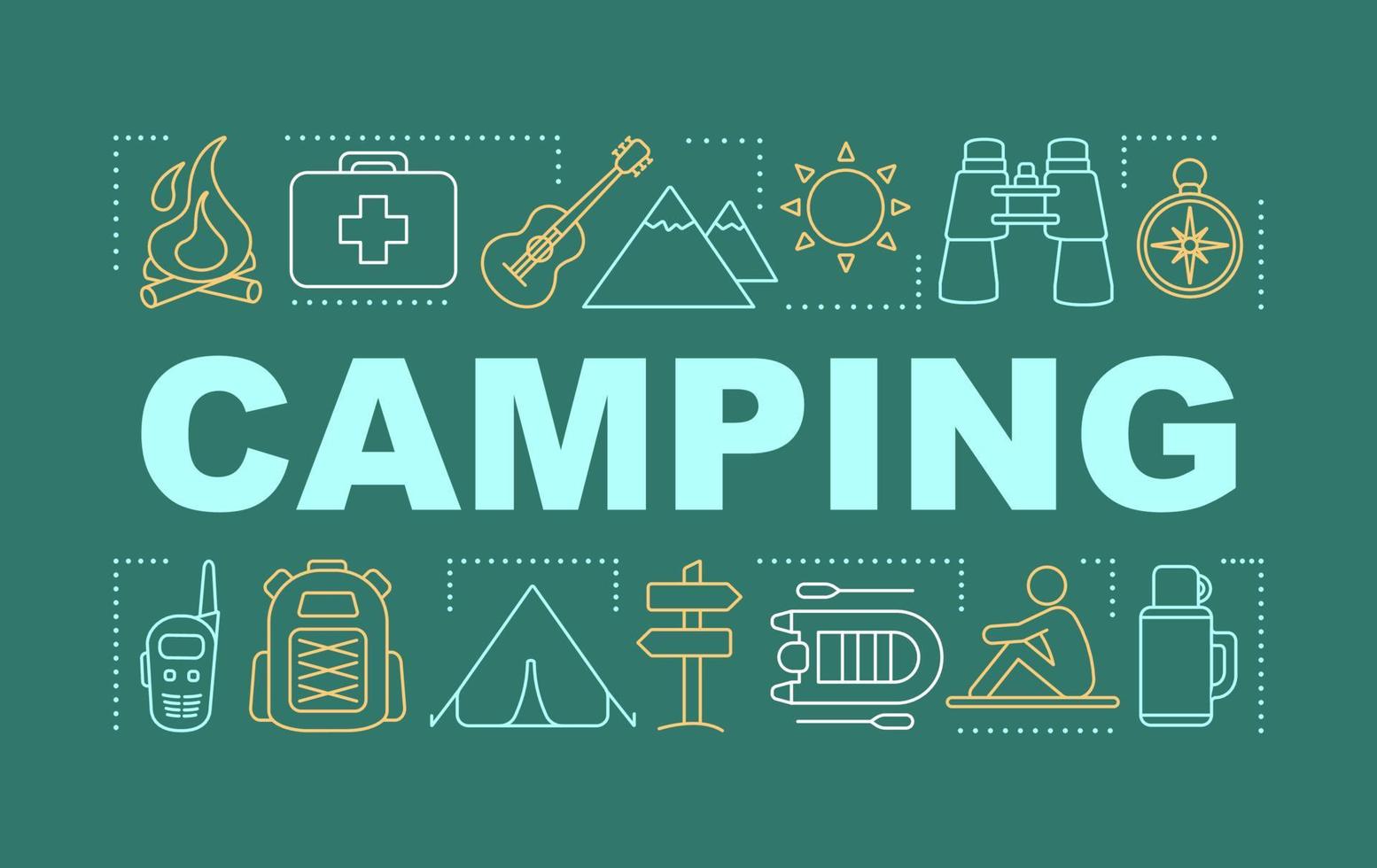 Camping word concepts banner. Family time together. Hiking. Overnight staying in tent. Presentation, website. Isolated lettering typography idea, linear icons. Vector outline illustration