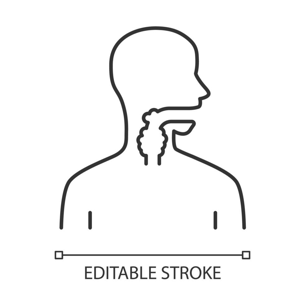 Ill throat linear icon. Angina, tonsillitis. Upper section of alimentary canal. Gastrointestinal tract. Thin line illustration. Contour symbol. Vector isolated outline drawing. Editable stroke