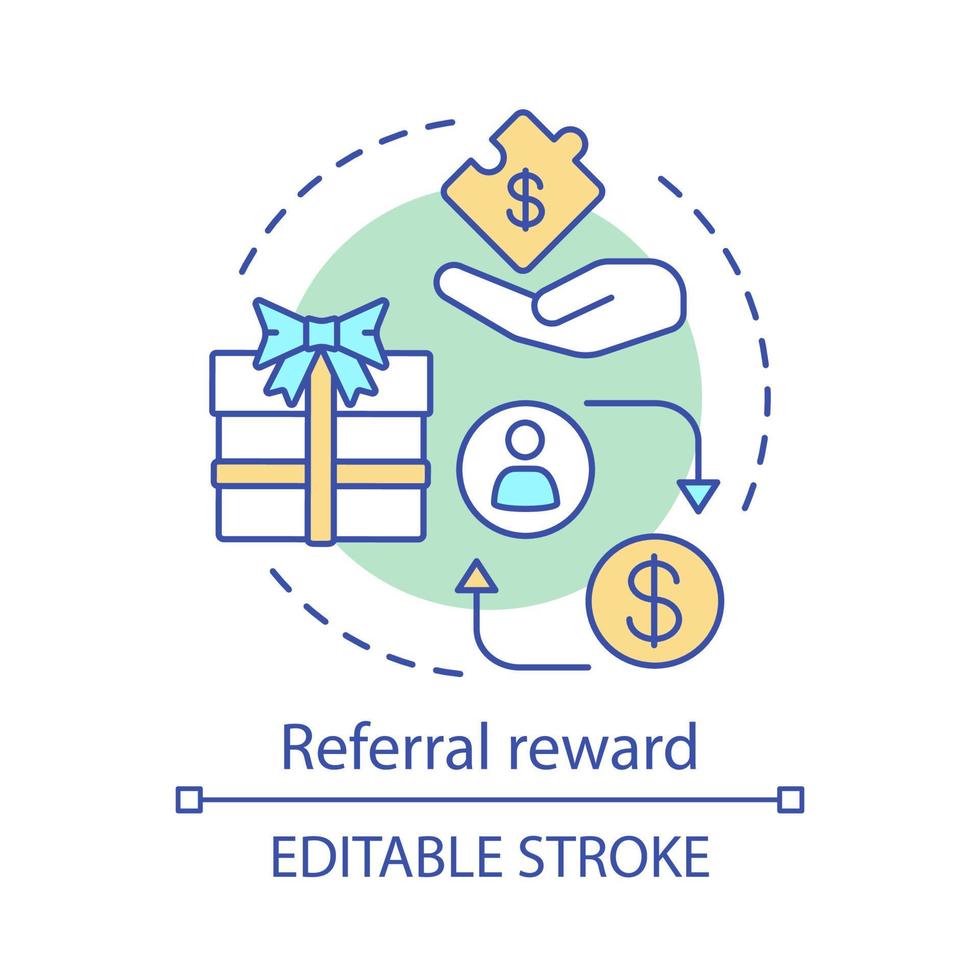 Referral reward concept icon. Marketing strategy idea thin line illustration. Referral bonus reward programs. Refer friend. Encourage loyal customers. Vector isolated outline drawing. Editable stroke
