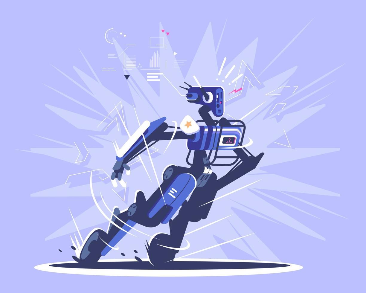 Robot police officer flat vector illustration. Cyborg, humanoid policeman isolated cartoon character. Patrol cop with artificial intelligence. Robotics revolution. AI security, military guard