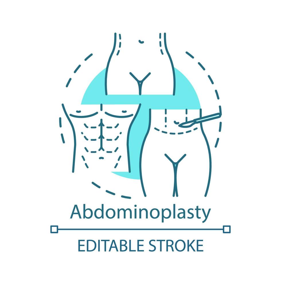 icono del concepto de abdominoplastia. ilustración de línea delgada de idea de cirugía cosmética estética. operación de abdominoplastia. levantamiento de la parte inferior del cuerpo. dibujo de contorno aislado vectorial. trazo editable vector