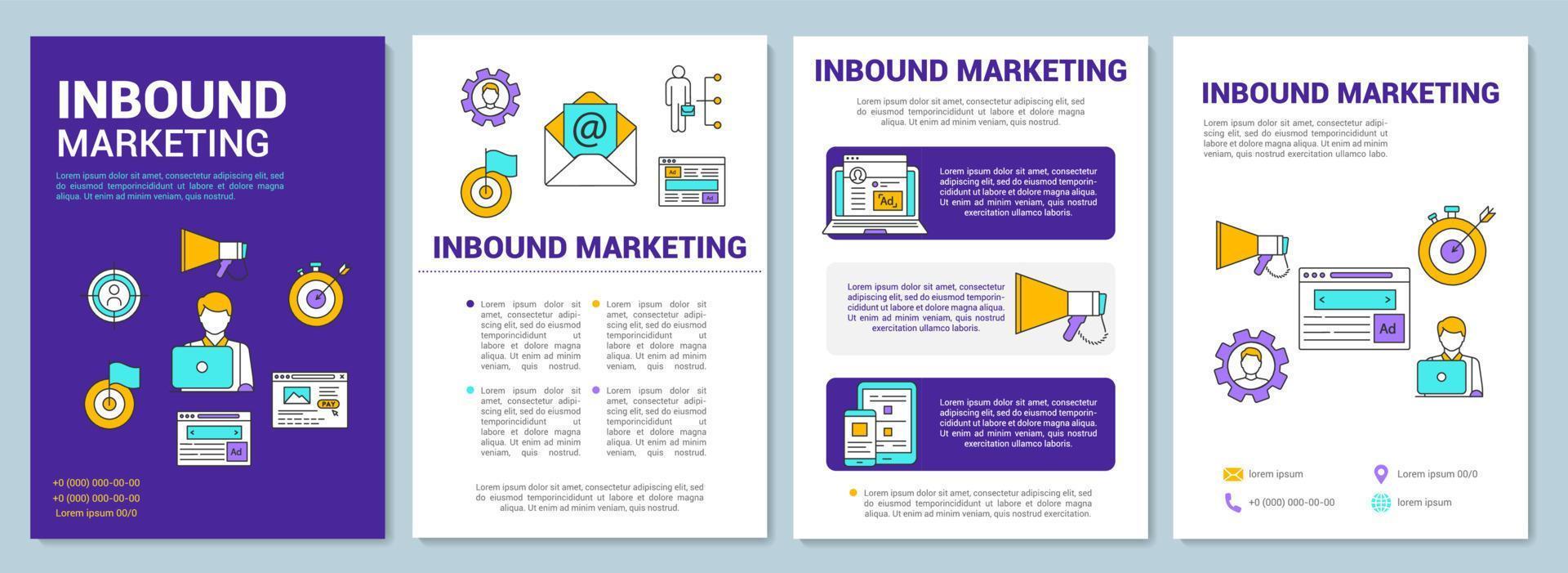 Inbound marketing brochure template layout. Content marketing. Flyer, booklet, leaflet print design with linear illustrations. Vector page layouts for magazines, annual reports, advertising posters