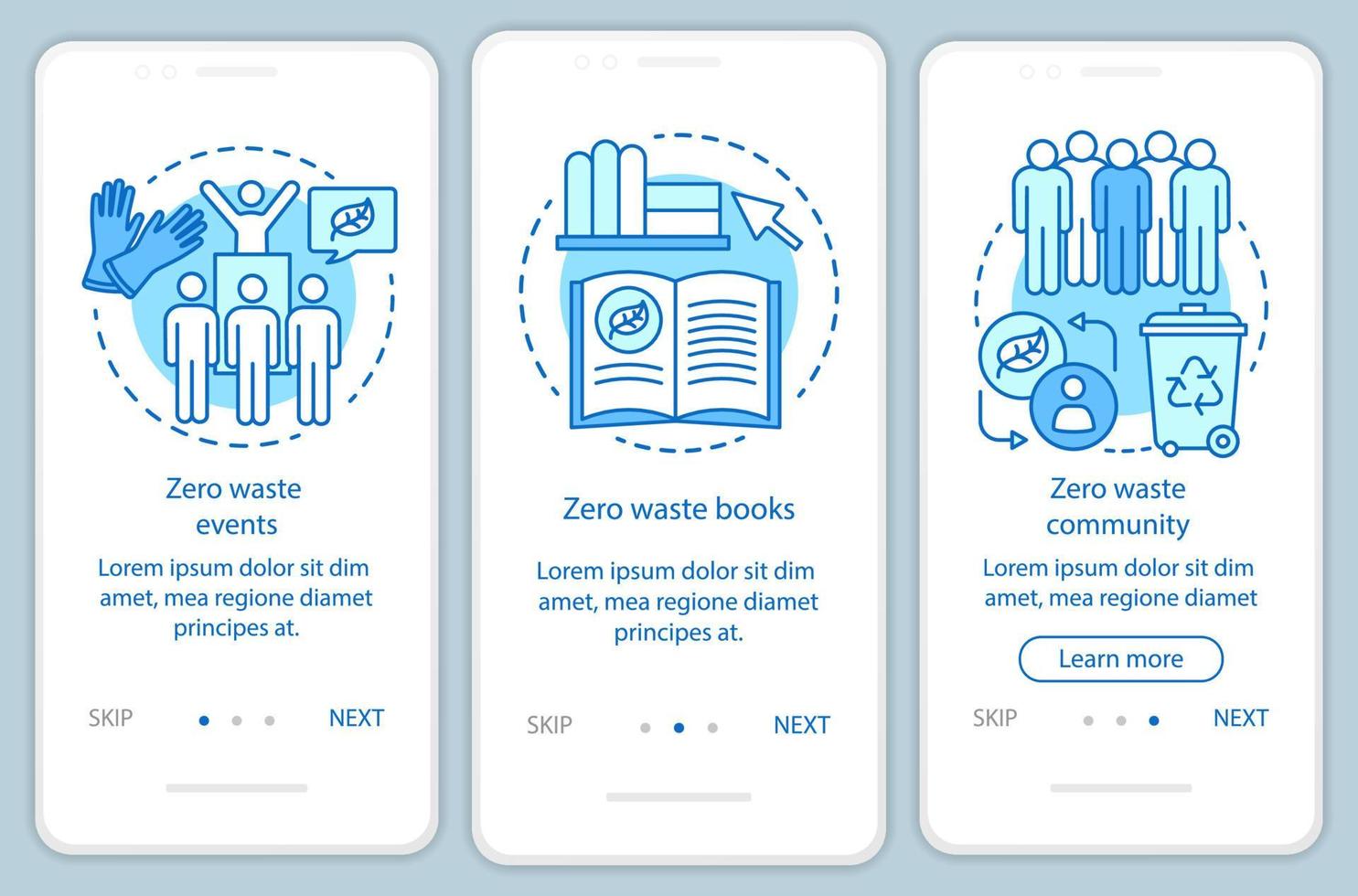 plantilla de vector de pantalla de página de aplicación móvil de incorporación de cero residuos educativos. Pasos del sitio web de tutorial de estilo de vida ecológico con ilustraciones lineales. concepto de interfaz de teléfono inteligente ux, ui, gui