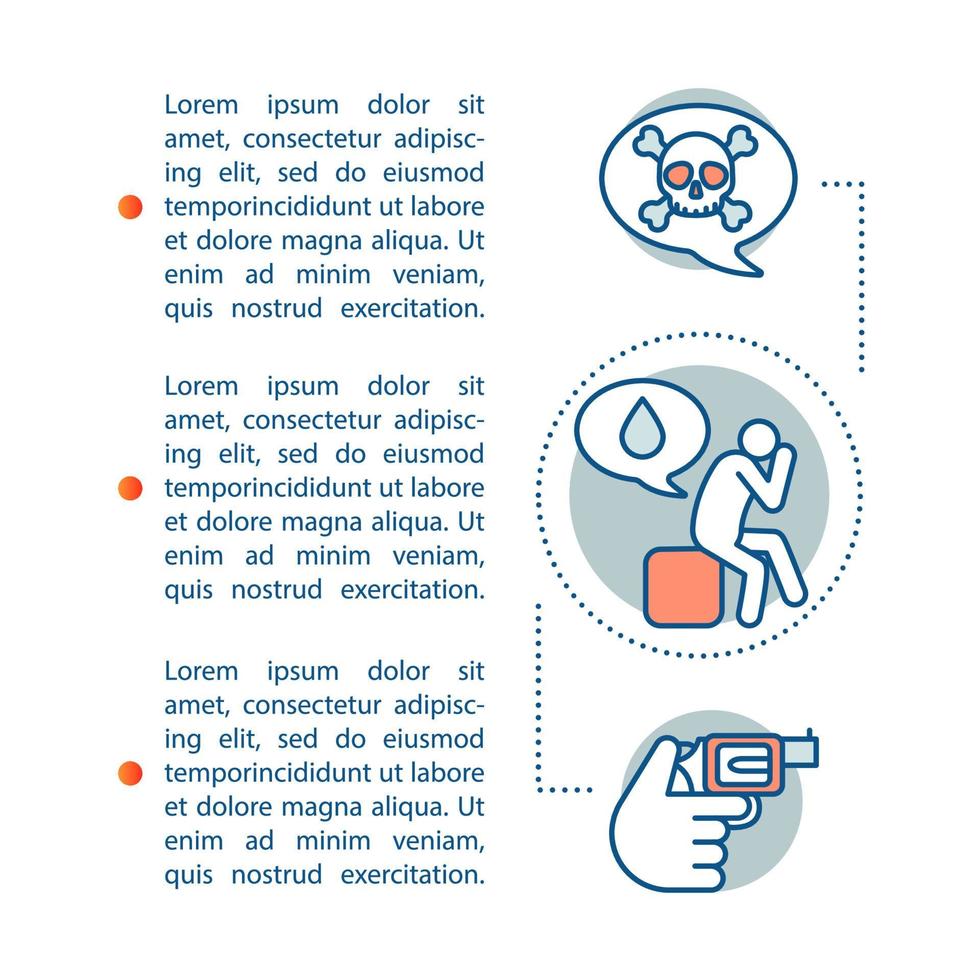 Depression and suicide article page vector template. Mental disorders. Brochure, magazine, booklet design element with linear icons and text boxes. Print design. Concept illustrations with text space